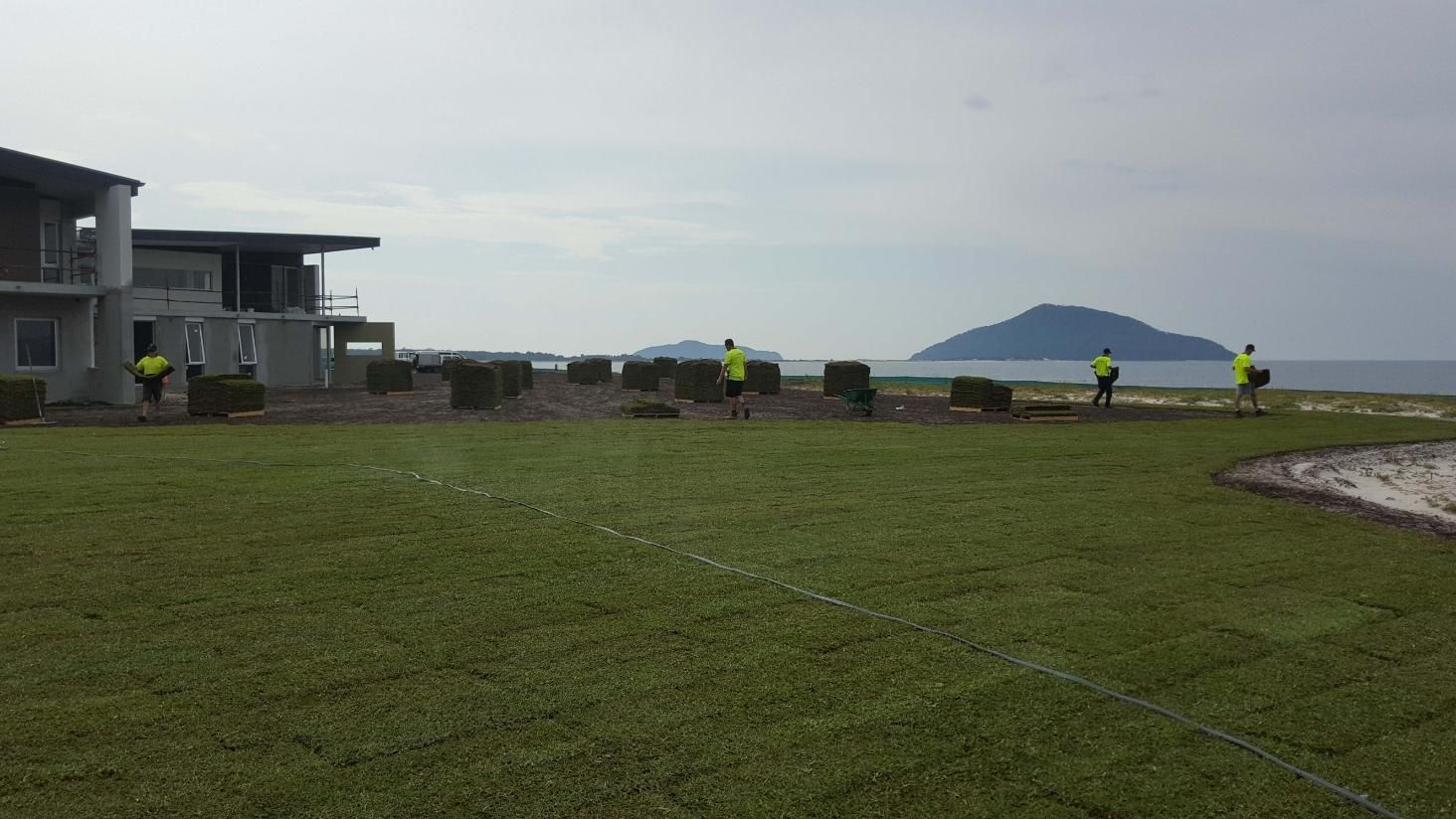 Workers Installing Turf on a Coastal Property — Green Envy Landscape & Garden Services In Cameron Park NSW