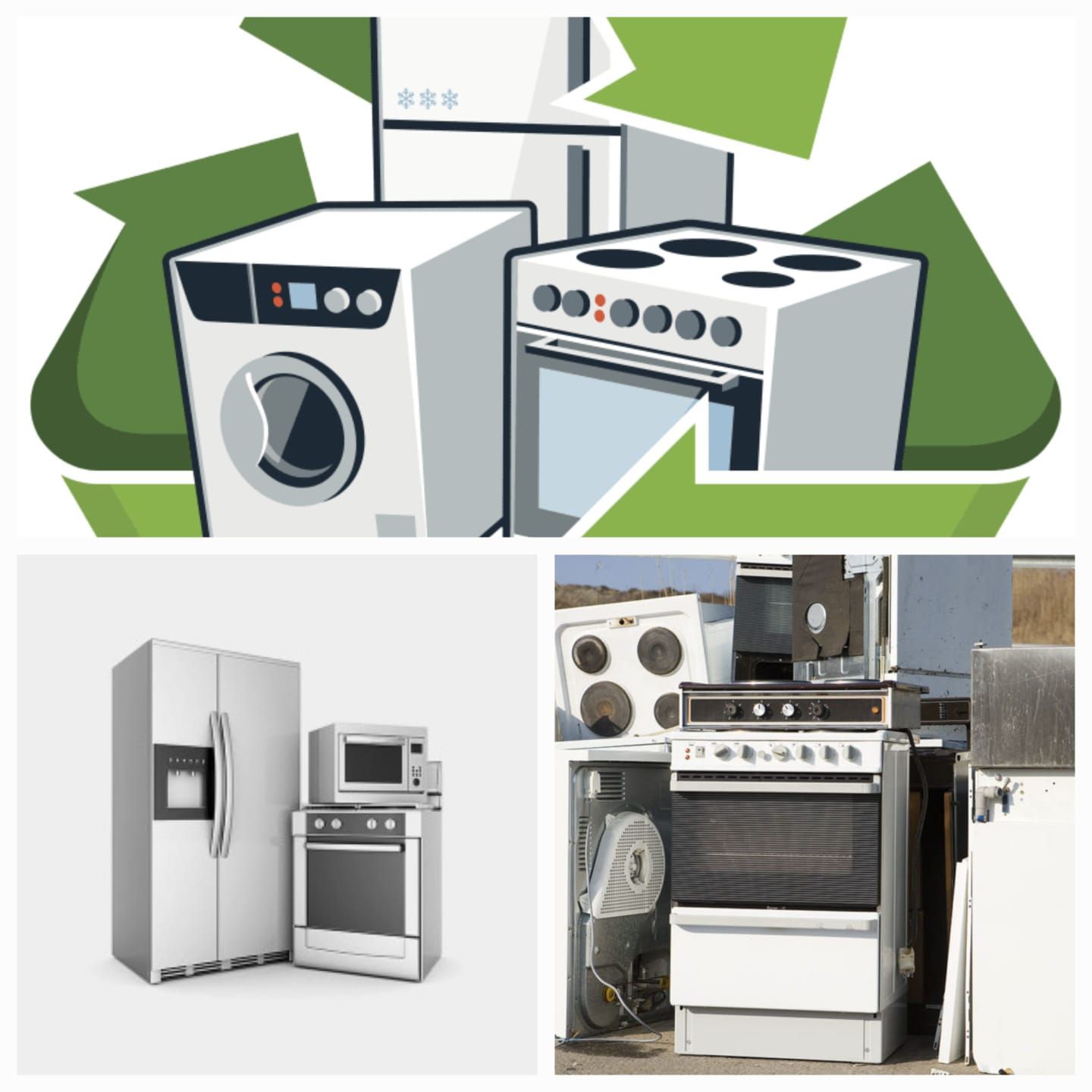A collage of different types of appliances with a green recycling symbol in the background