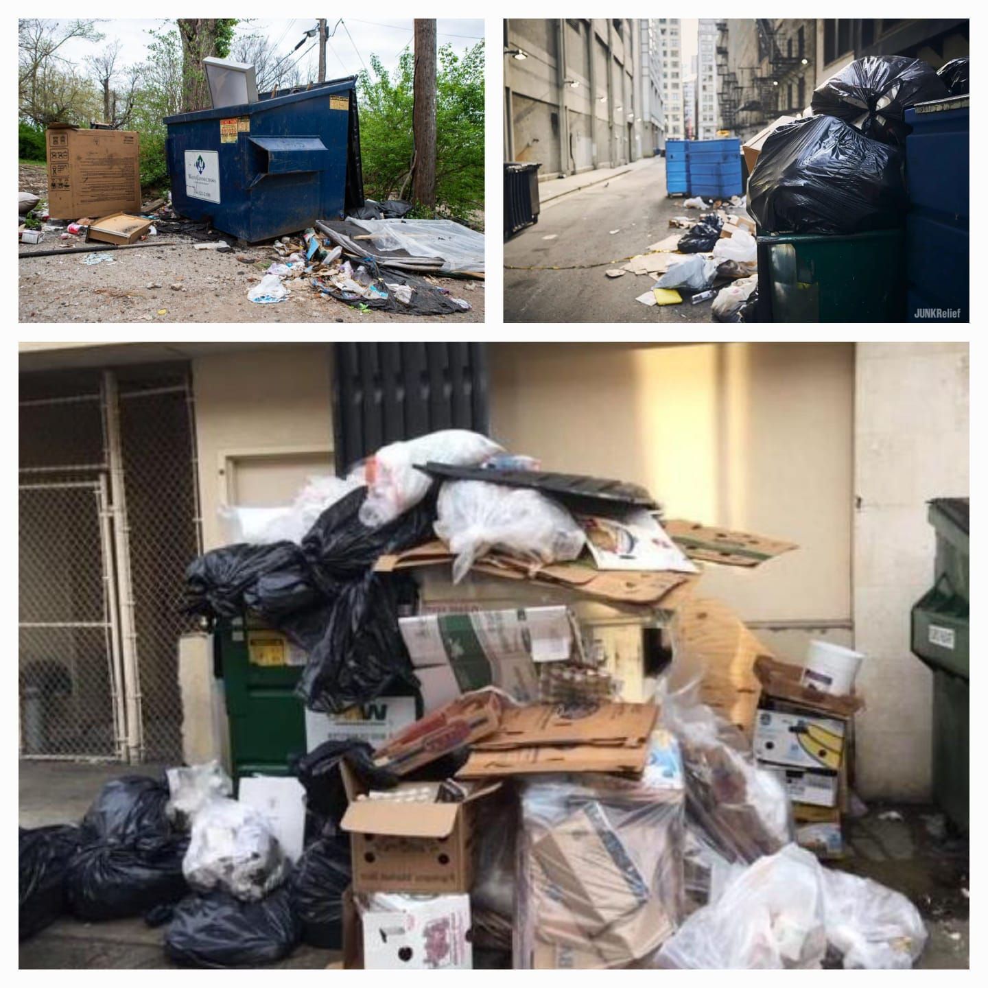 A collage of four pictures of a dumpster filled with trash.