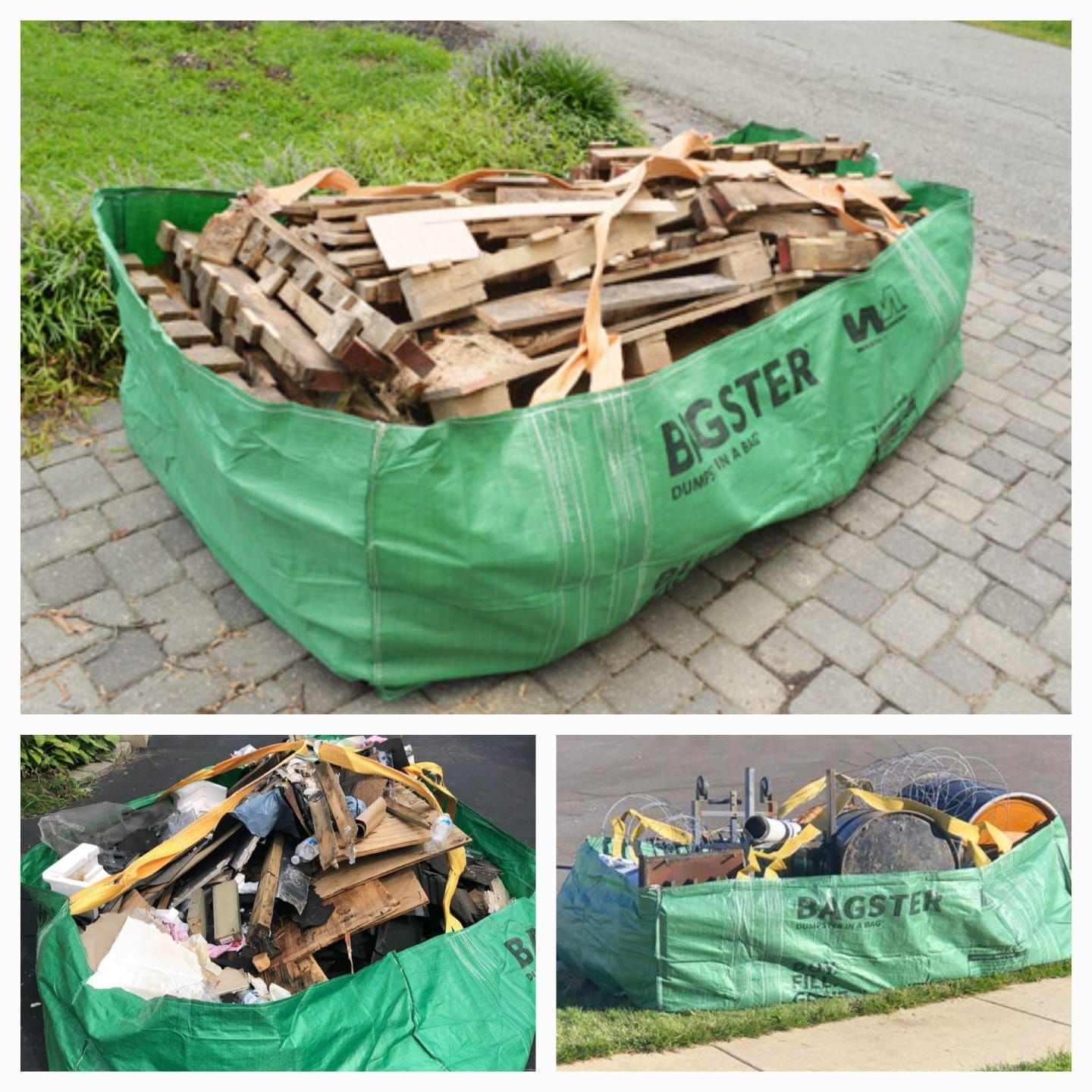 A green bag with the word bigster on it
