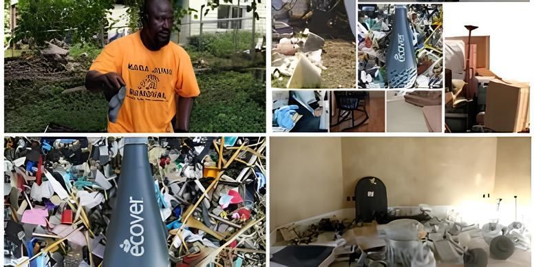 A man in an orange shirt is standing in front of a pile of trash.