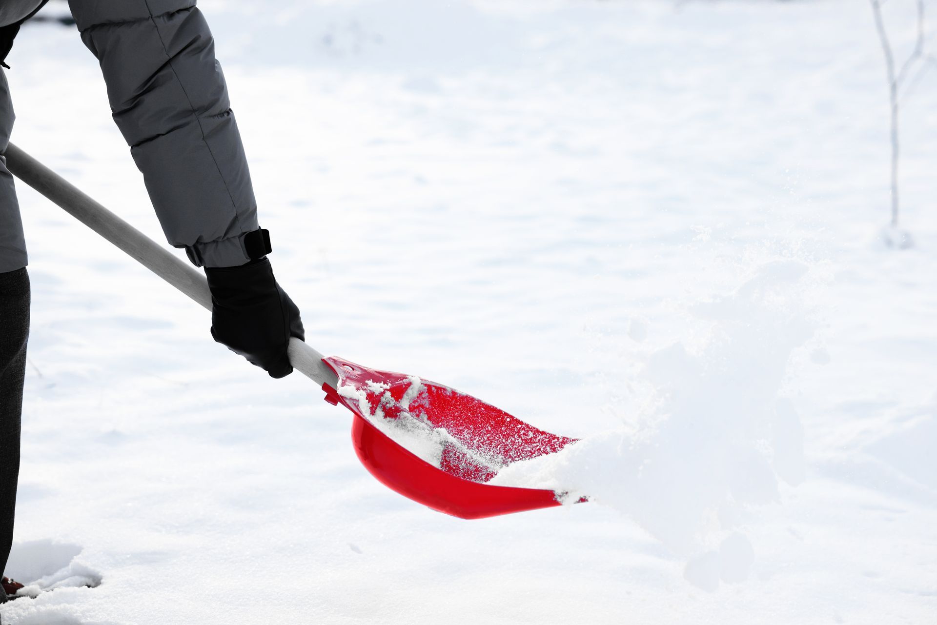 A person is shoveling snow with a red shovel