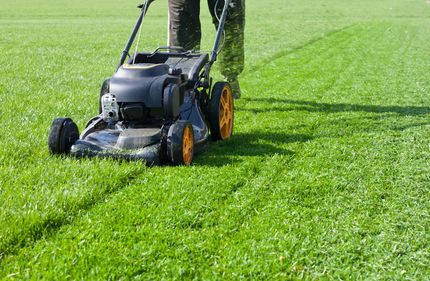 A person is mowing a lush green lawn with a lawn mower.