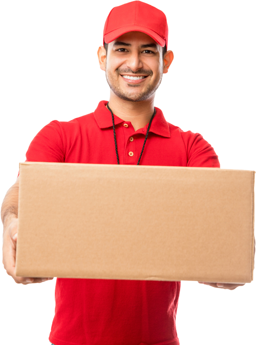 A delivery man in a red shirt and hat is holding a cardboard box.