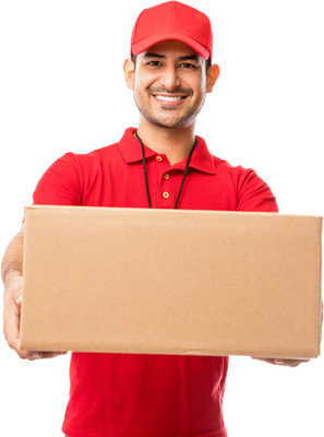 A delivery man in a red shirt and hat is holding a cardboard box.
