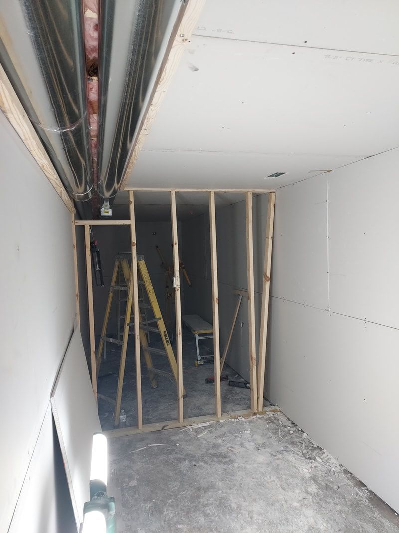 A room with a ladder in it is being remodeled.