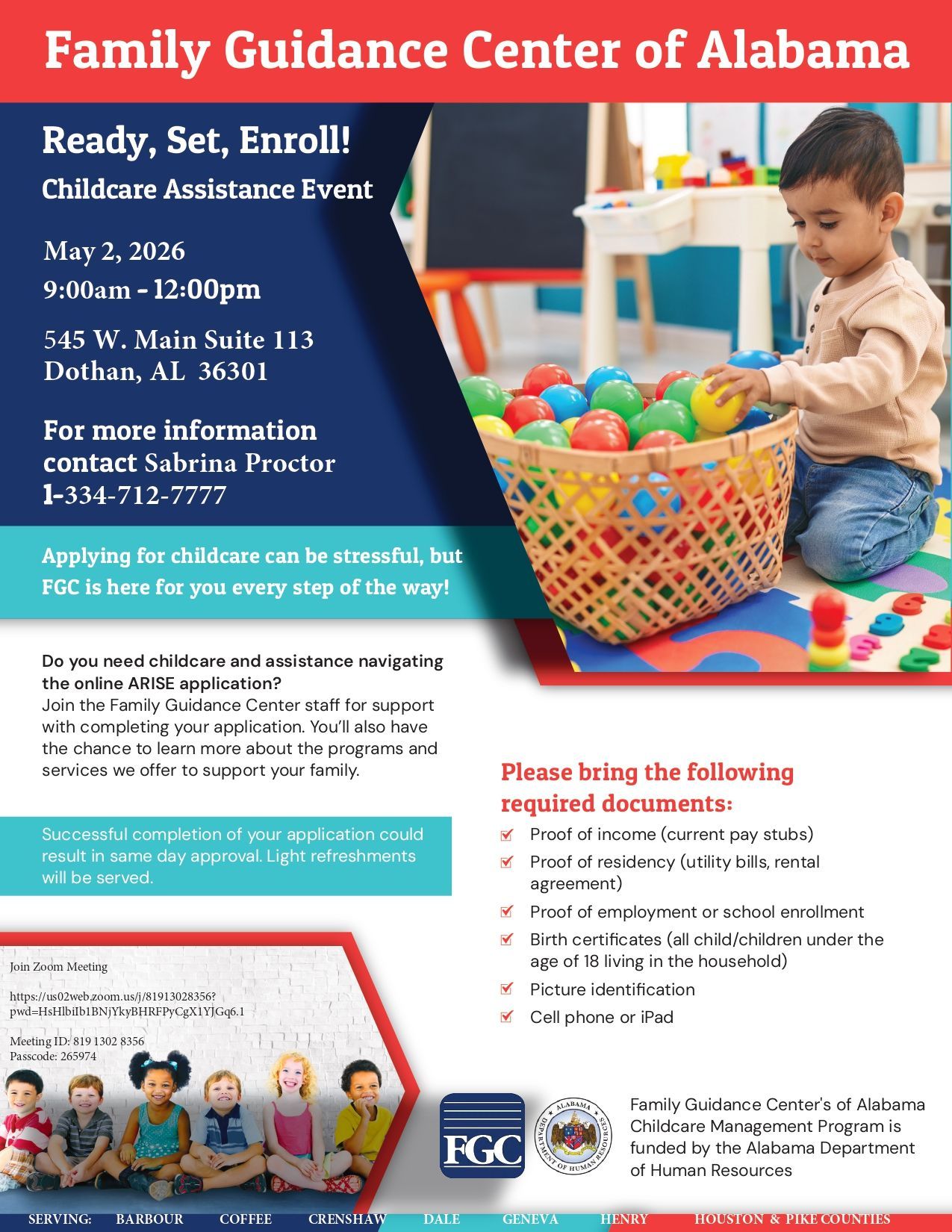 Flyer for an FGC childcare enrollment event on April 11, 2026, listing required documents and contact information.