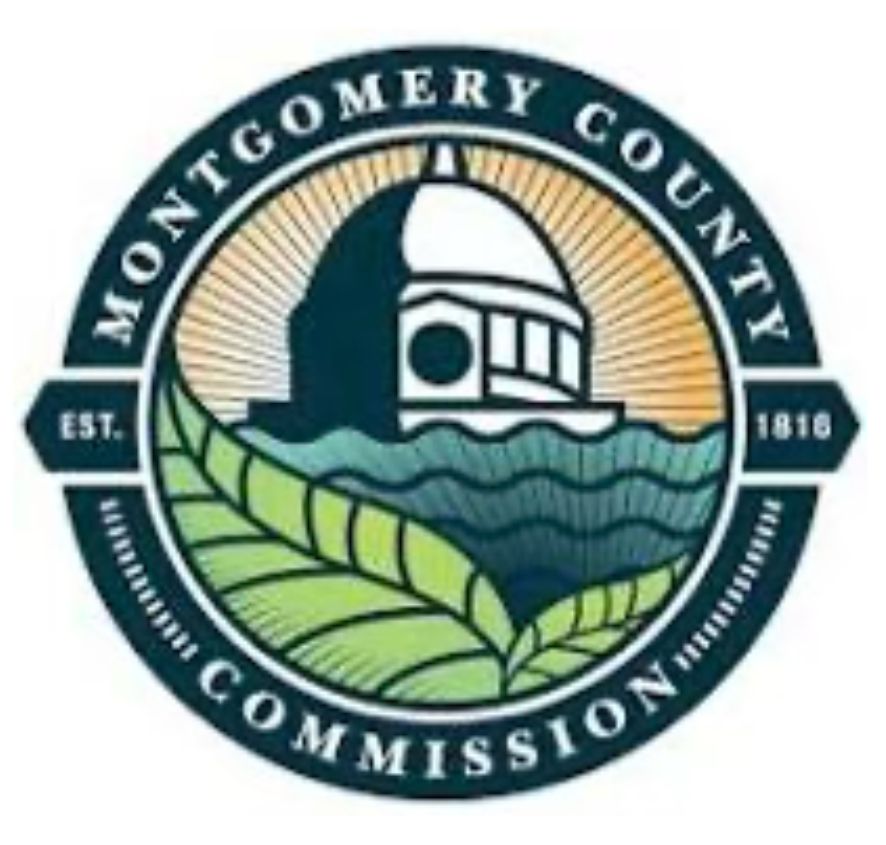 Montgomery County Commission seal with a capitol building over stylized water and leaves.