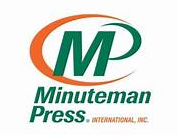 The logo for minuteman press international inc. is green and orange.