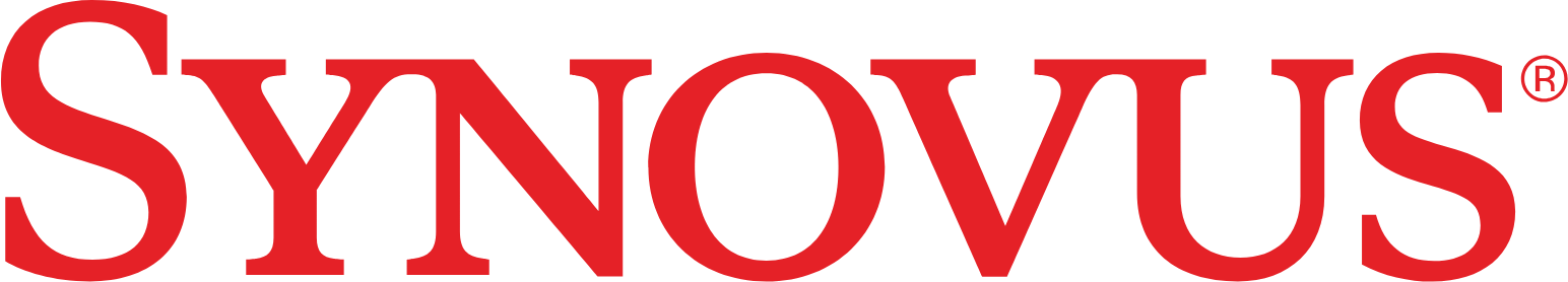 A red logo for synovus on a white background
