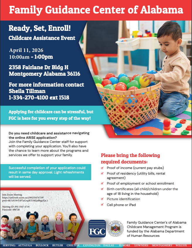 Flyer for an FGC childcare enrollment event on April 11, 2026, listing required documents and contact information.