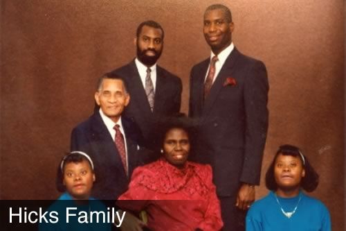 A family posing for a picture with the name hicks family on the bottom