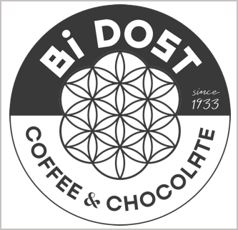 A black and white logo for bi dost coffee and chocolate
