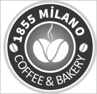 A black and white logo for 1855 milano coffee and bakery