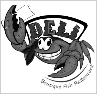 A black and white logo for deli boutique fish restaurant