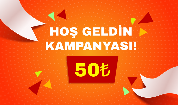 An orange background with a sign that says 50 tl