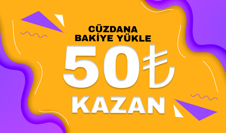 A yellow and purple poster that says 50 tl kazan