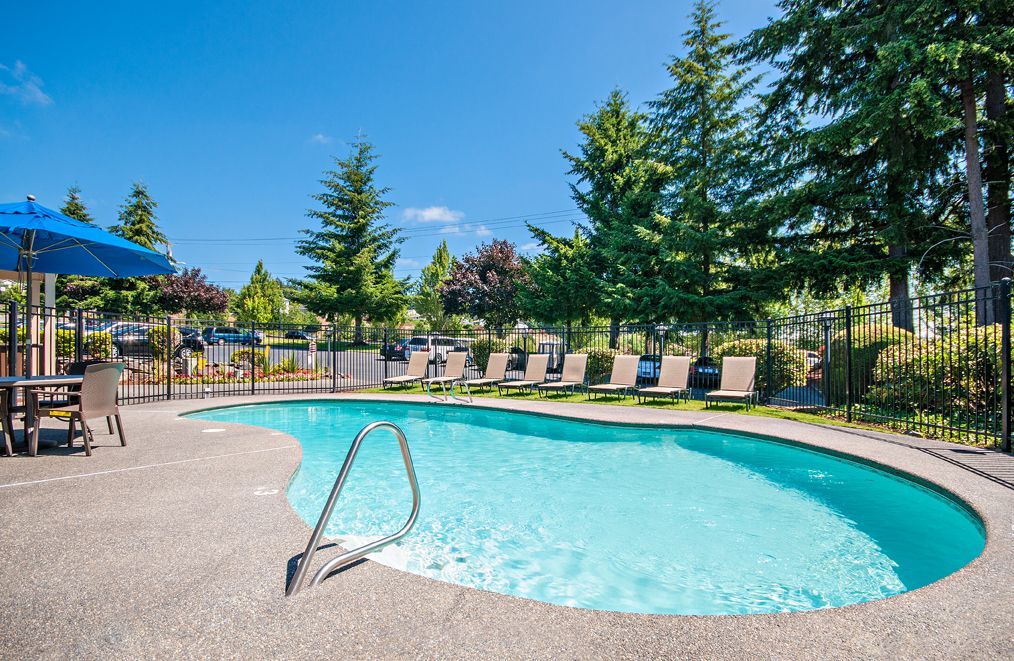 Outdoor curved pool with lounge chairs, a fence, and landscaped surroundings at an apartment community.