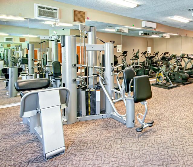 Interior view of a communal apartment gym with weight machines and treadmills.