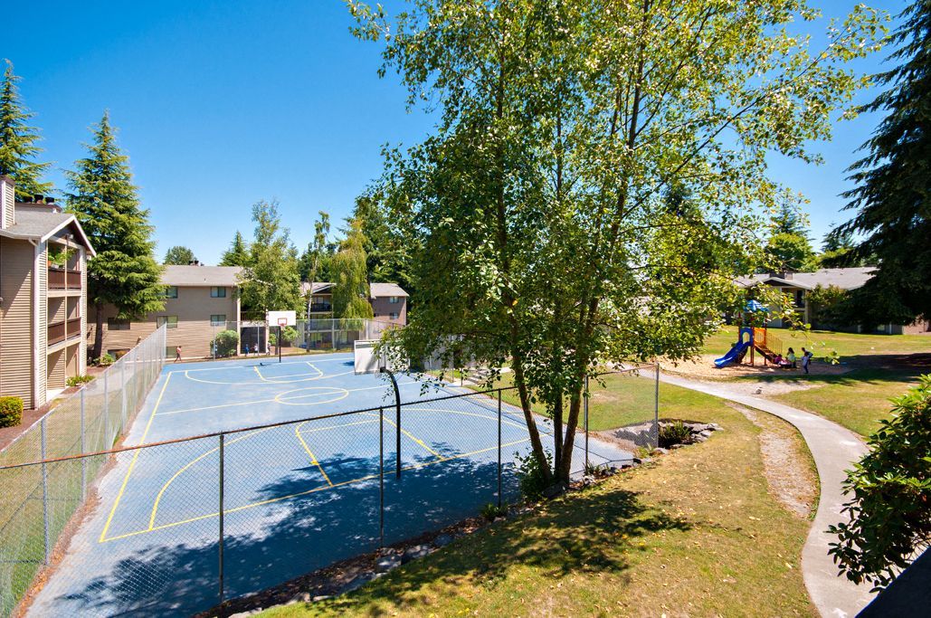 Outdoor basketball court in a residential complex, fenced with trees and a walking path nearby.
