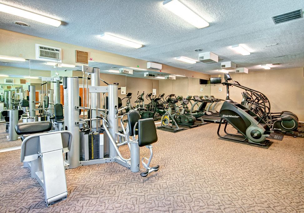 Indoor apartment gym with treadmills and weight machines.