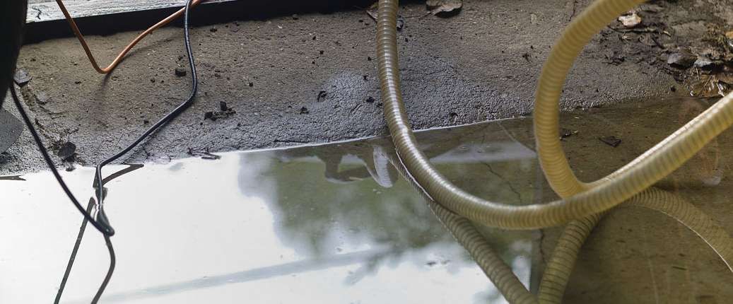 Water reflecting the sky, concrete edge, and a light-colored hose.