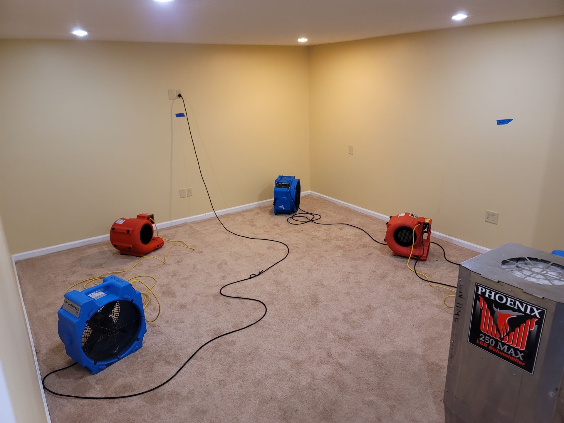 A room with carpet and multiple dehumidifying machines.  Two red, two blue, and one grey machine are drying the space.