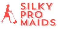 Logo for Silky Pro Maids featuring a red silhouette of a person sweeping next to the company name in red text.