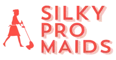 Logo for Silky Pro Maids featuring a red silhouette of a person sweeping next to the company name in red text.