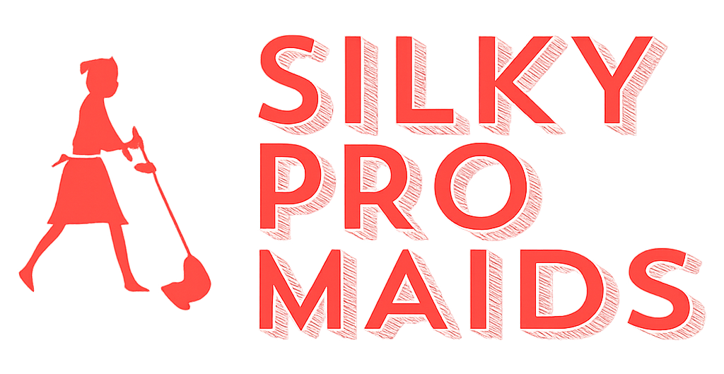 Logo for Silky Pro Maids featuring a red silhouette of a person sweeping next to the company name in red text.