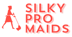 Logo for Silky Pro Maids featuring a red silhouette of a person sweeping next to the company name in red text.