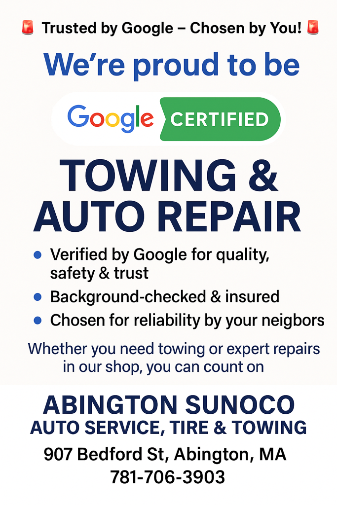 Advertisement for Abington Sunoco Towing and Auto Repair, certified by Google. Includes address and phone number.