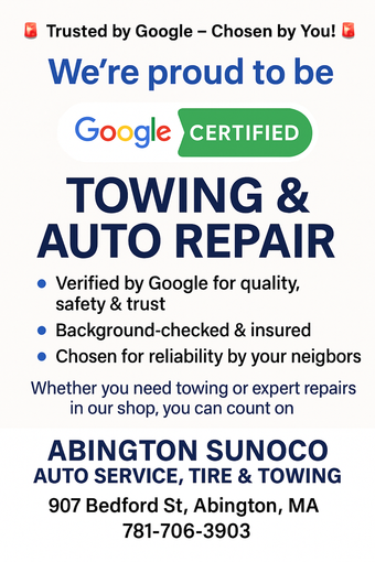 Advertisement for Abington Sunoco Towing and Auto Repair, certified by Google. Includes address and phone number.