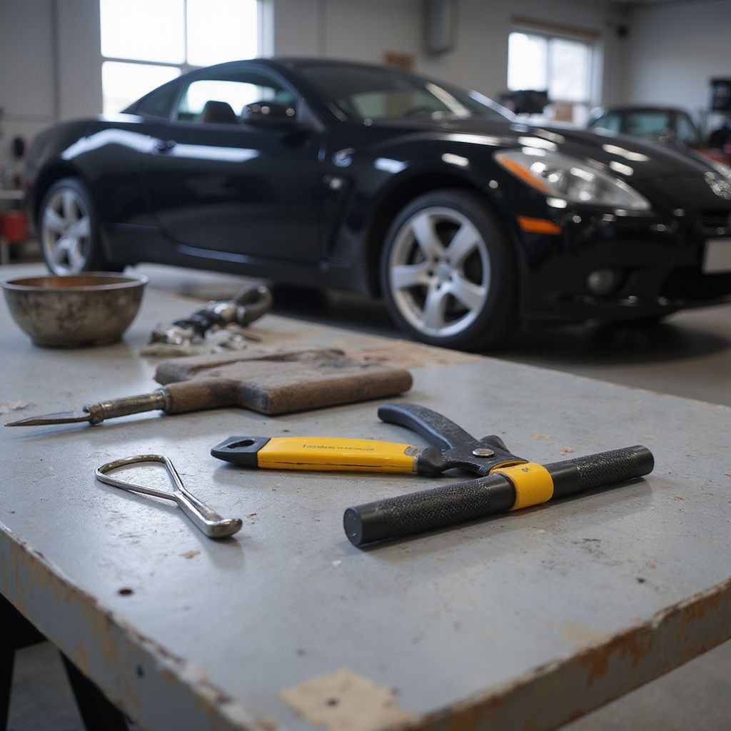 Black car with tools on a table in front, possibly in a garage or workshop setting.