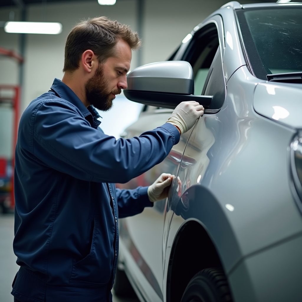 Mechanic examining a silver car's body in a garage. Wearing a blue uniform and gloves.