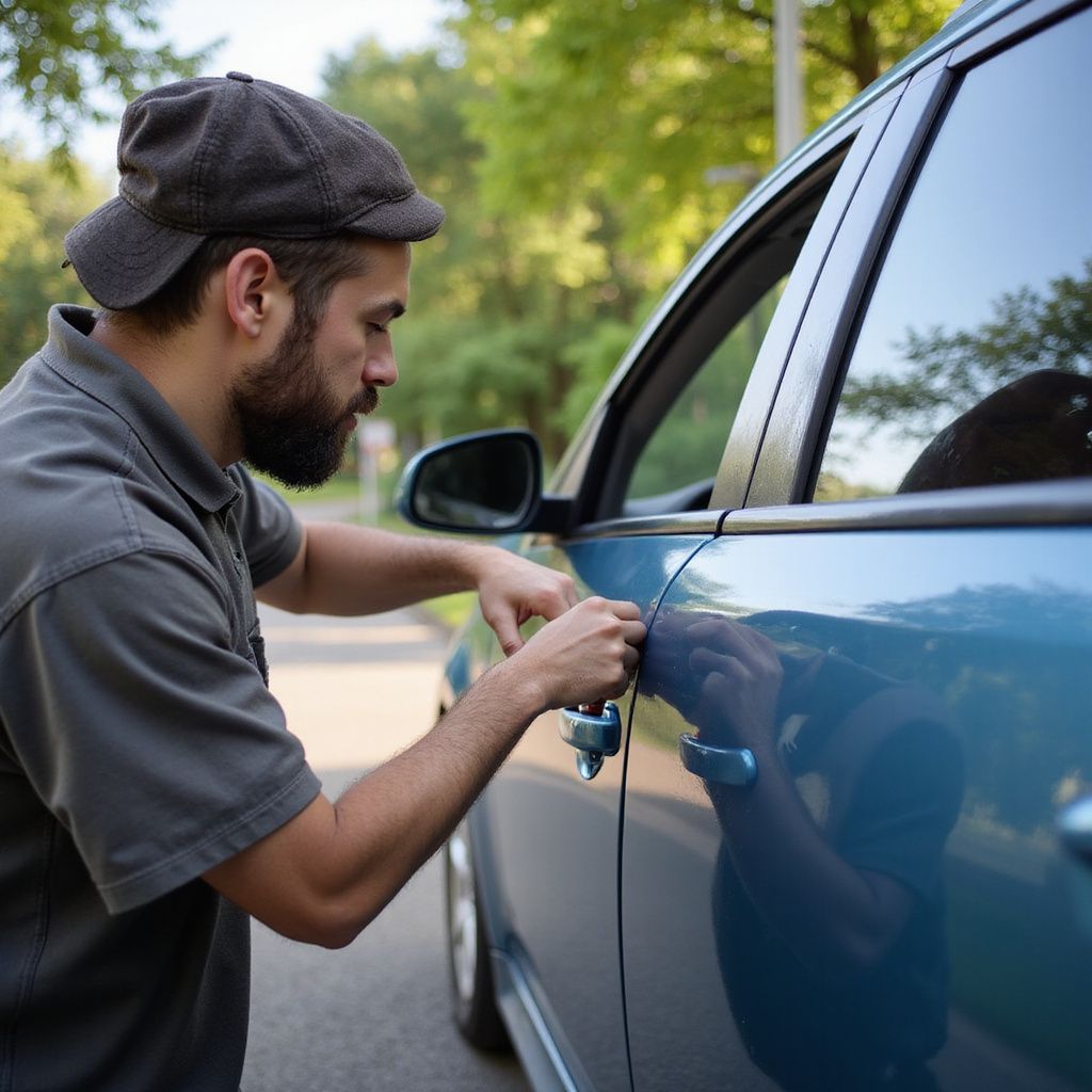 Man wearing a cap picking the lock of a blue car door. Outdoors.