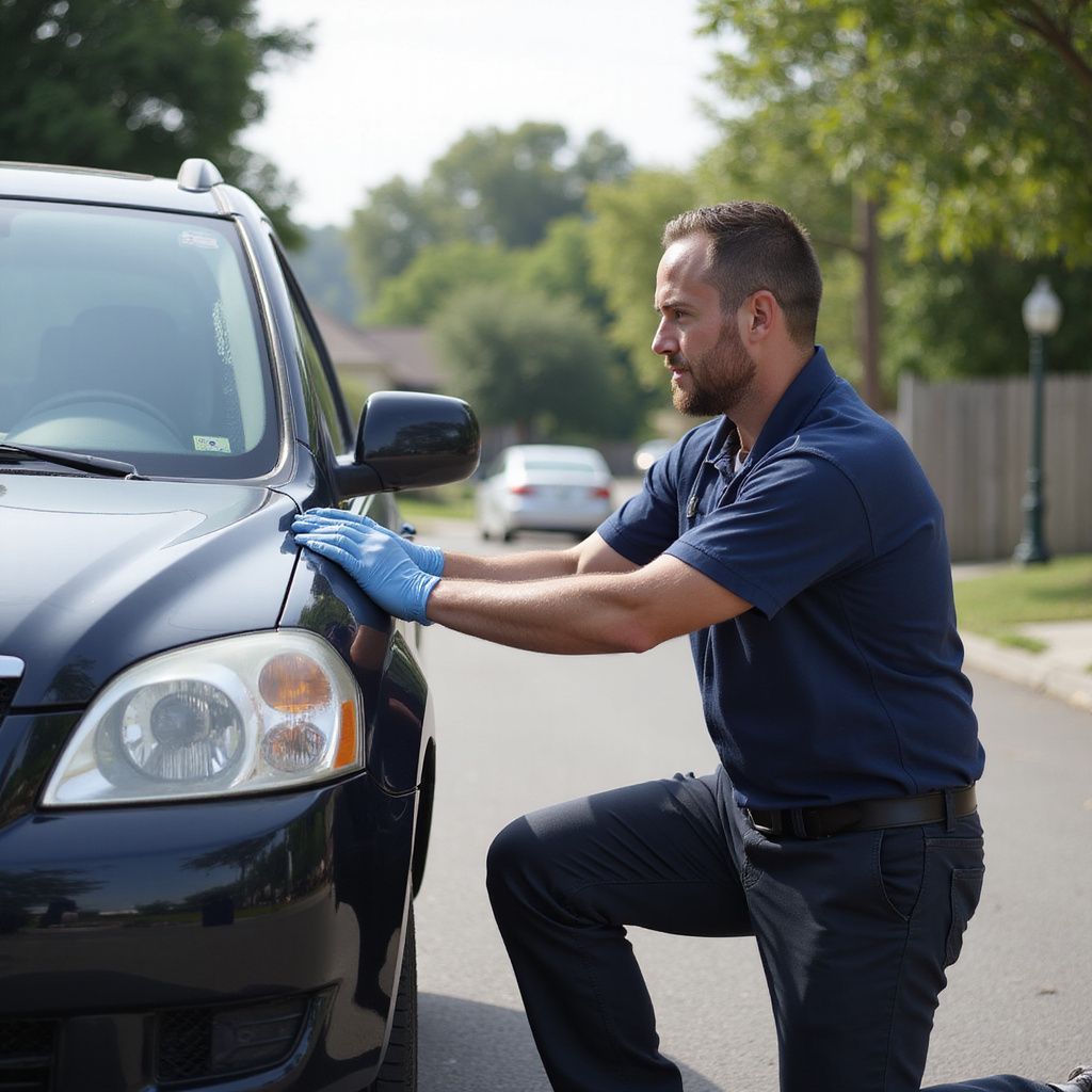Man in blue shirt and gloves inspecting a black car on a sunny street.