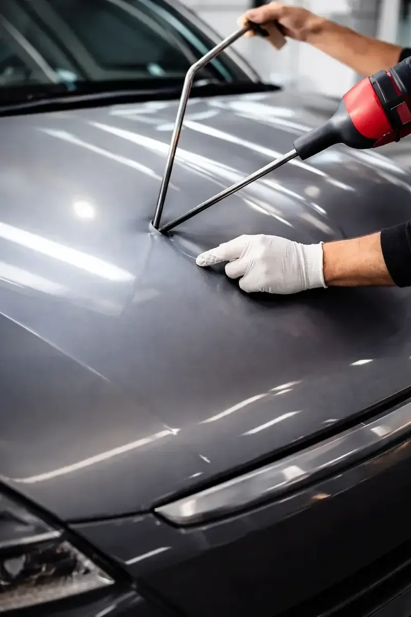 Aluminum paintless dent repair in Menifee CA restoring vehicle hood without repainting