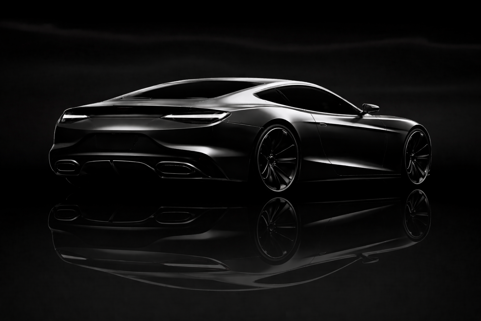 Sleek black sports car, rear view, reflecting on a dark surface.