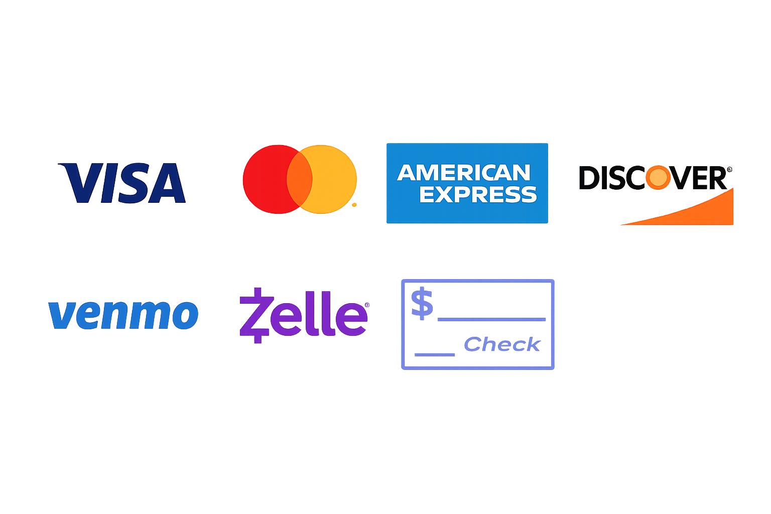 Accepted payment methods: Visa, Mastercard, American Express, Discover, Venmo, Zelle, and Check.