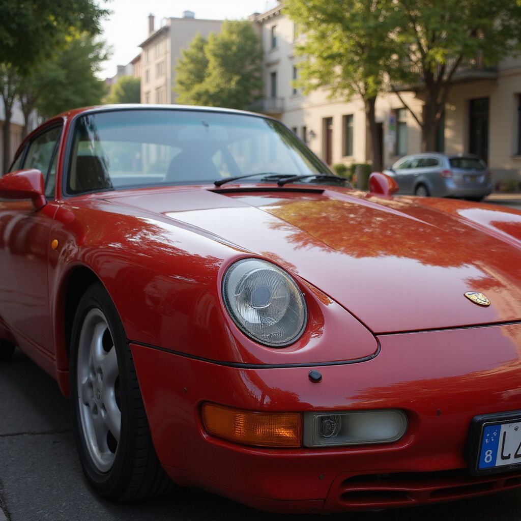 Red Porsche 911 parked on a city street.