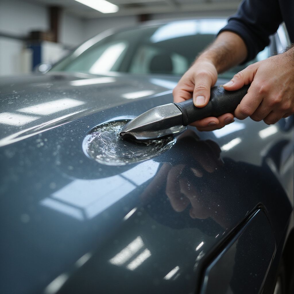 Person using a tool to smooth a dent in a car's gray hood in a garage.