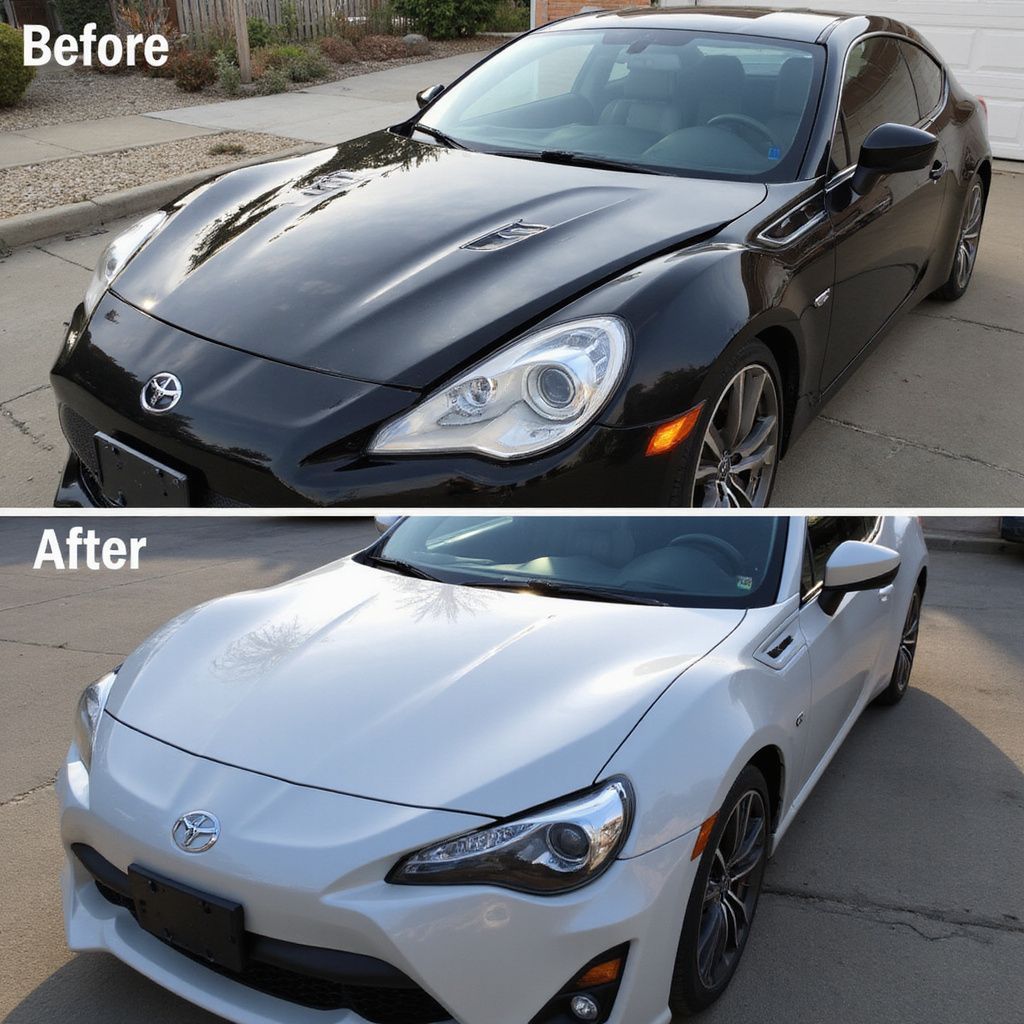 Black Toyota 86 transforms to white; before and after view.