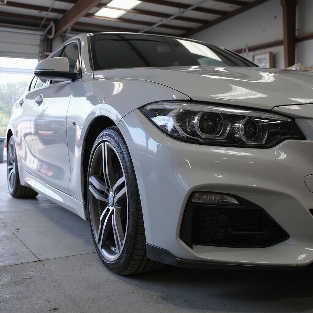 White BMW car in a garage with a focus on the front, showing headlights and a wheel.