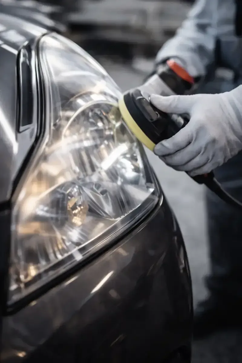 Person polishing a car headlight with an electric polisher and buffing pad.