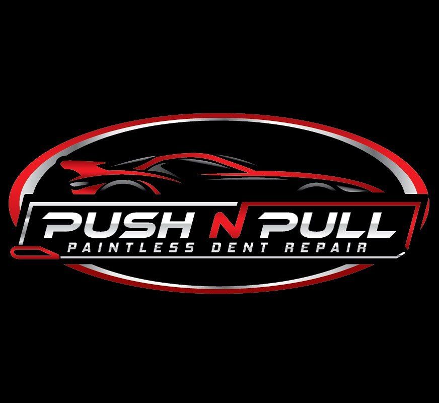 Logo for Push N Pull Paintless Dent Repair: black, red, and silver. Features a car silhouette and company name.