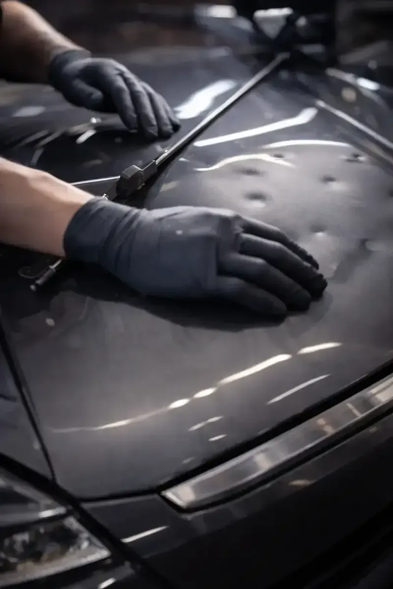 Hands in black gloves working on dented car hood.