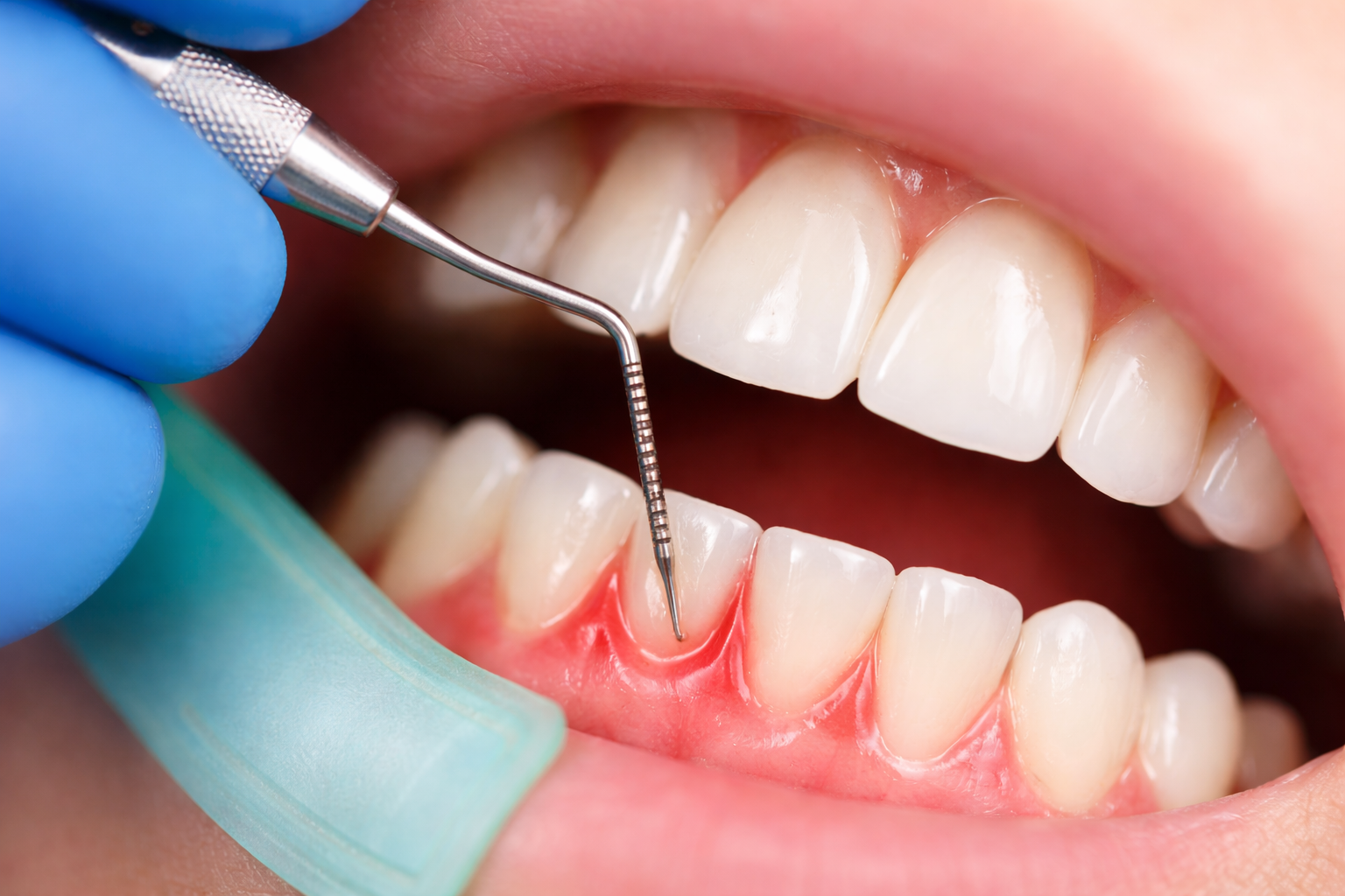 Igienista dentale che sonda il bordo gengivale con uno strumento. Gengive rosa, denti bianchi. Primo piano.