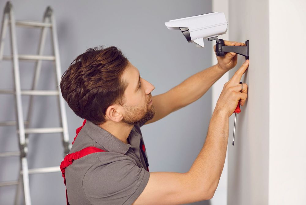 Uomo che installa una telecamera