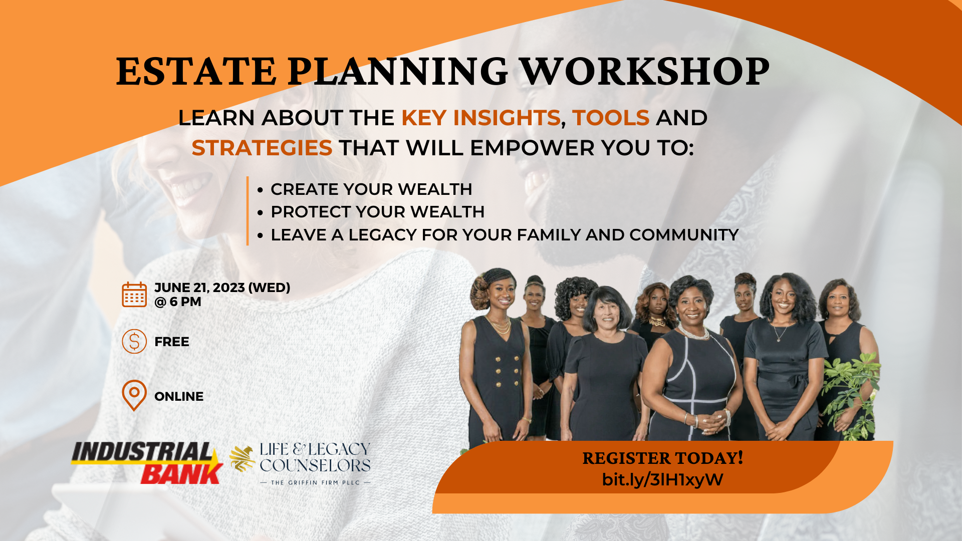 A group of women are standing next to each other on a poster for an estate planning workshop.